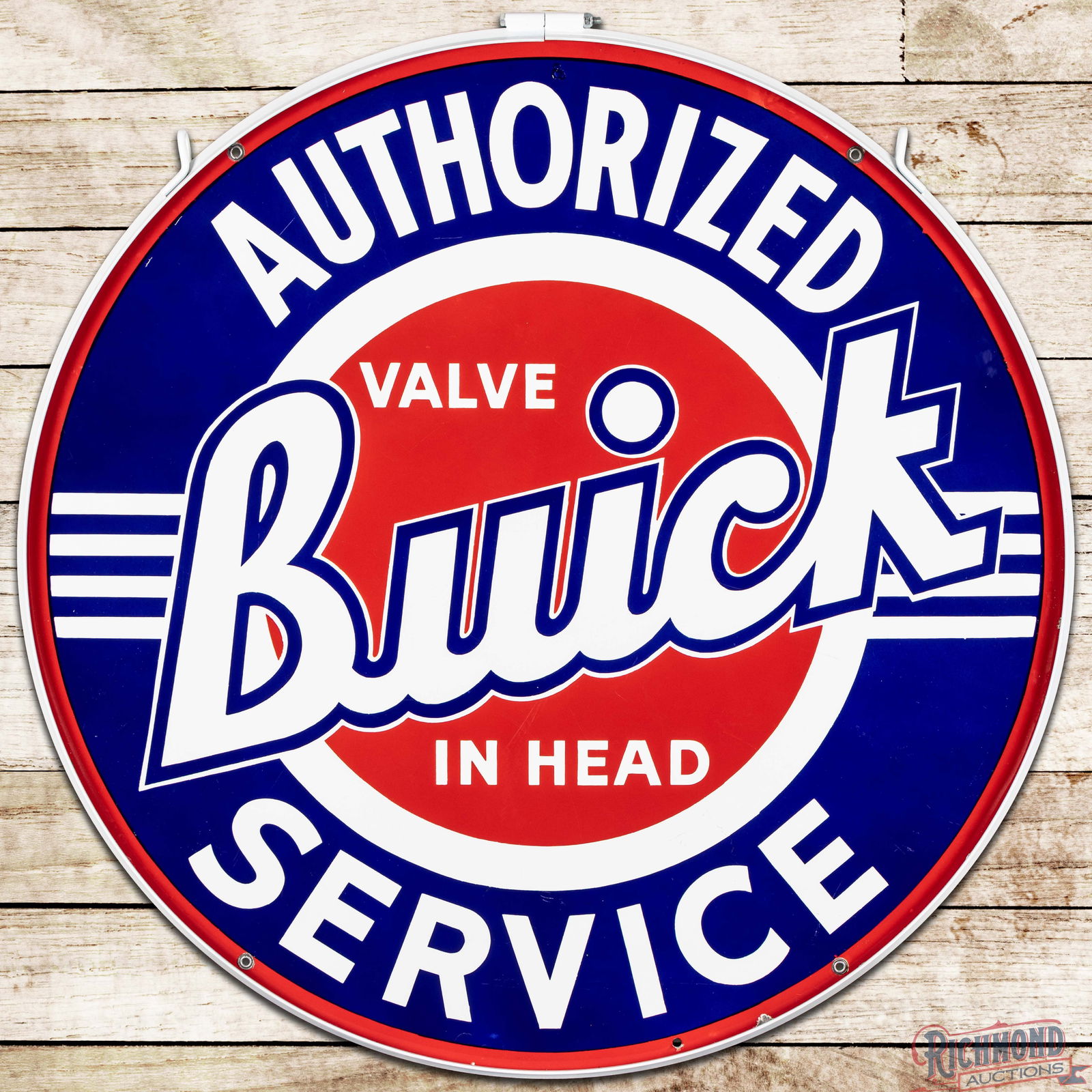 Fantastic Buick "Valve in Head" Authorized Service 42" Double Sided Porcelain Sign w/ Ring: DSP (Double Sided Porcelain) sign has outstanding color and gloss. Side #1 has a clean field with areas of light surface wear which are mainly in the outer fields. The perimeter small chips along the