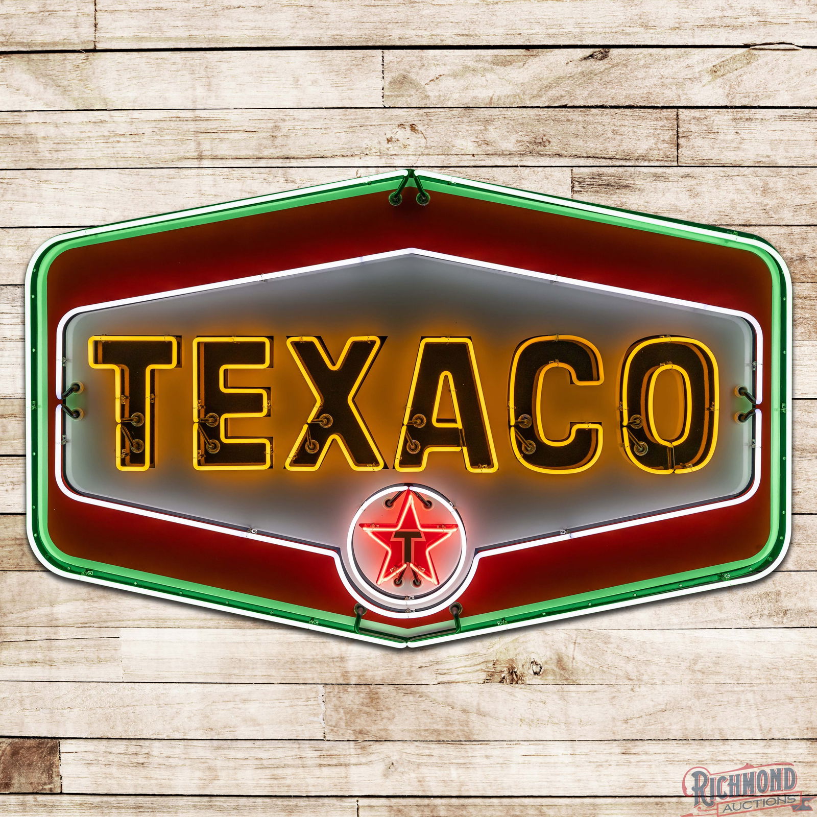 Superb Texaco Gasoline 7' Single Sided Porcelain Neon Service Station ID Sign: SSP (Single Sided Porcelain) die cut sign with added neon and a new metal can has outstanding color and gloss. The sign features four-color neon with a "Speller" then "Flash" sequence on the Texaco le