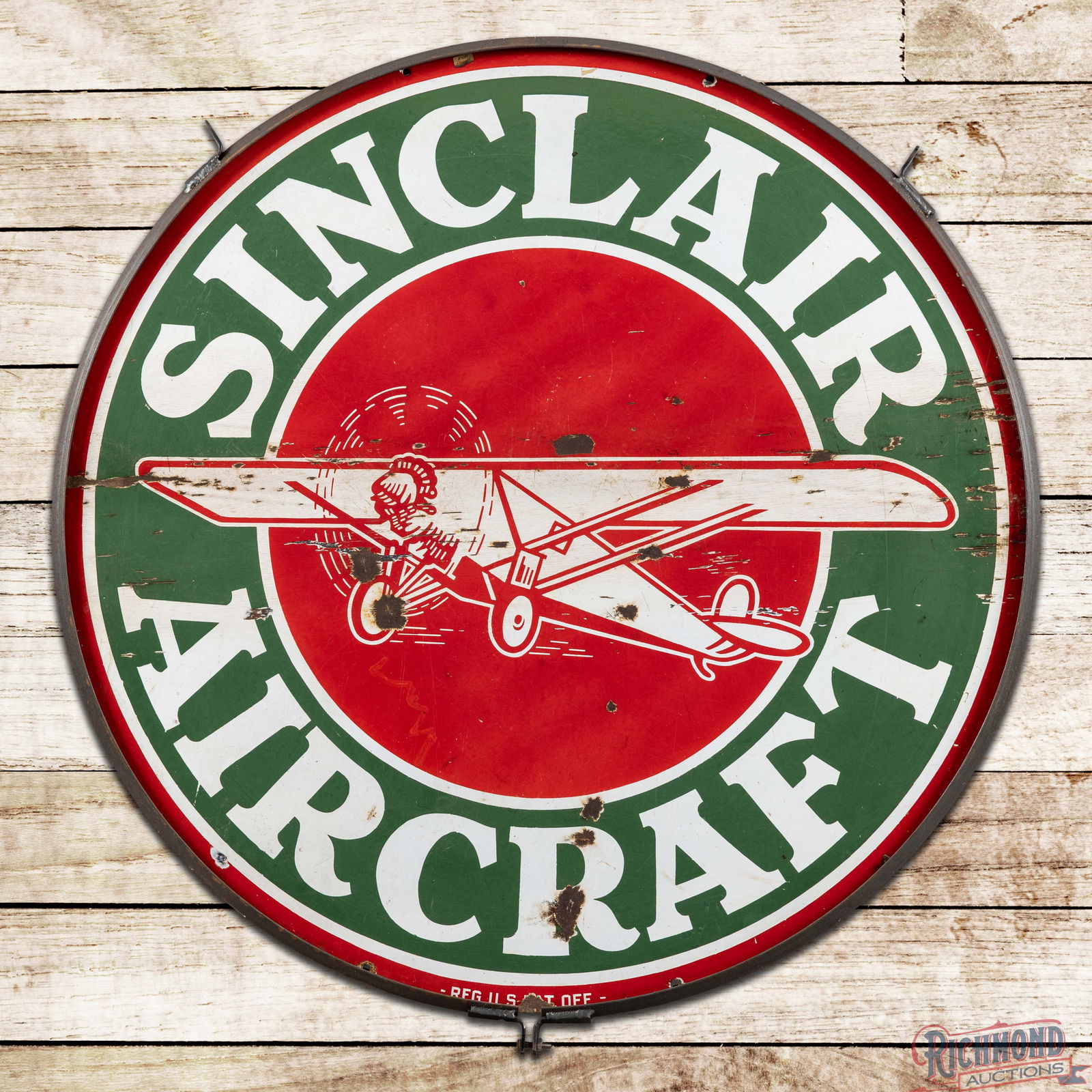 Sinclair Aircraft Gasoline "Green" 48" Double Sided Porcelain Sign w/ Ring & Plane: DSP (Double Sided Porcelain) sign has good color and moderate gloss. Side #1 has areas of cloudiness throughout with crazing and chips in the fields. The perimeter has small chips at the mounting