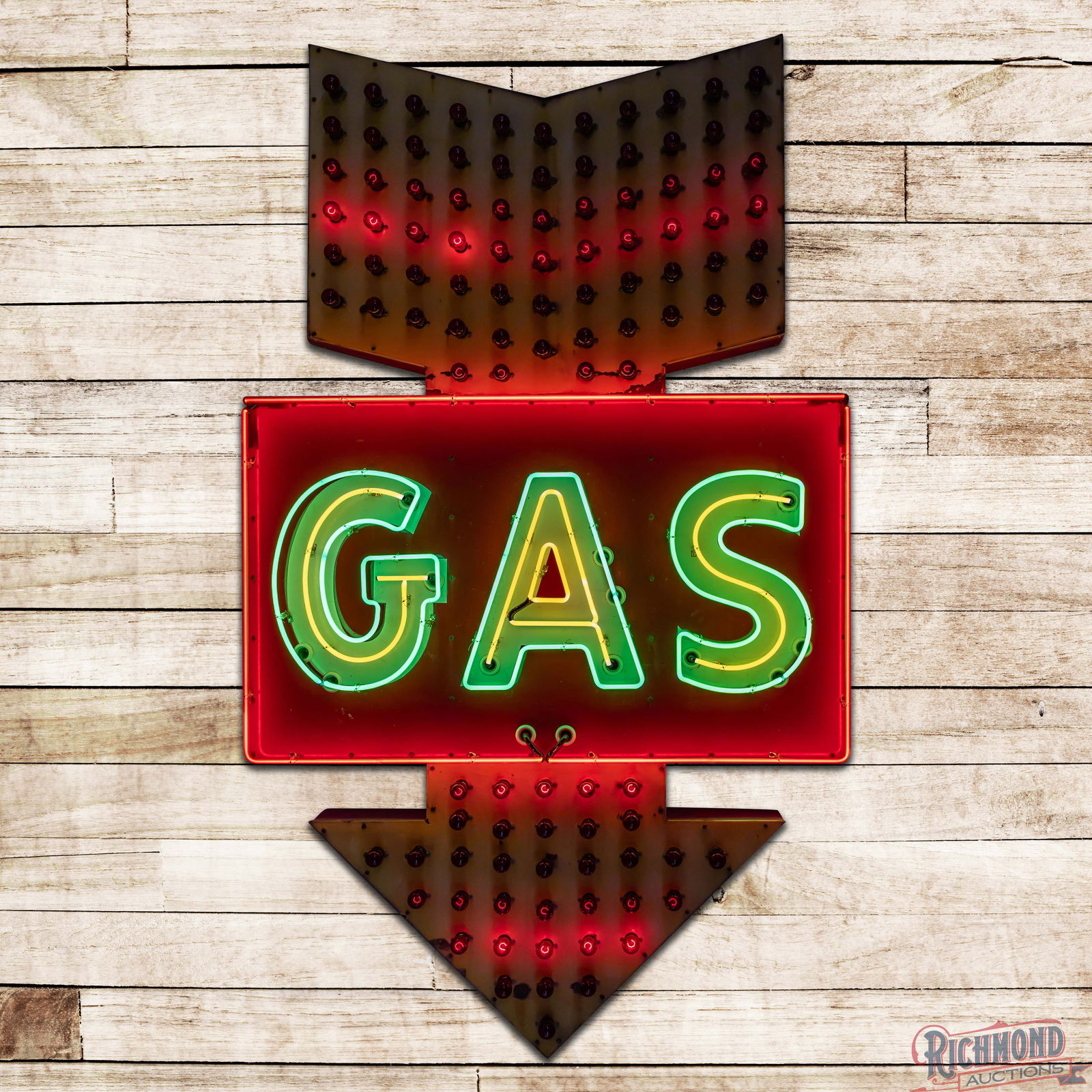 GAS Single Sided Porcelain Factory Neon Arrow Sign w/ Flashing Bulbs: SSP (Single Sided Porcelain) three piece factory neon sign with bulbs and a new metal can has good color and gloss. The sign features three-color neon with triple stroked "GAS" lettering and the arrow