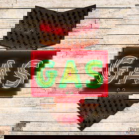 GAS Single Sided Porcelain Factory Neon Arrow Sign w/ Flashing Bulbs: SSP (Single Sided Porcelain) three piece factory neon sign with bulbs and a new metal can has good color and gloss. The sign features three-color neon with triple stroked "GAS" lettering and the arrow