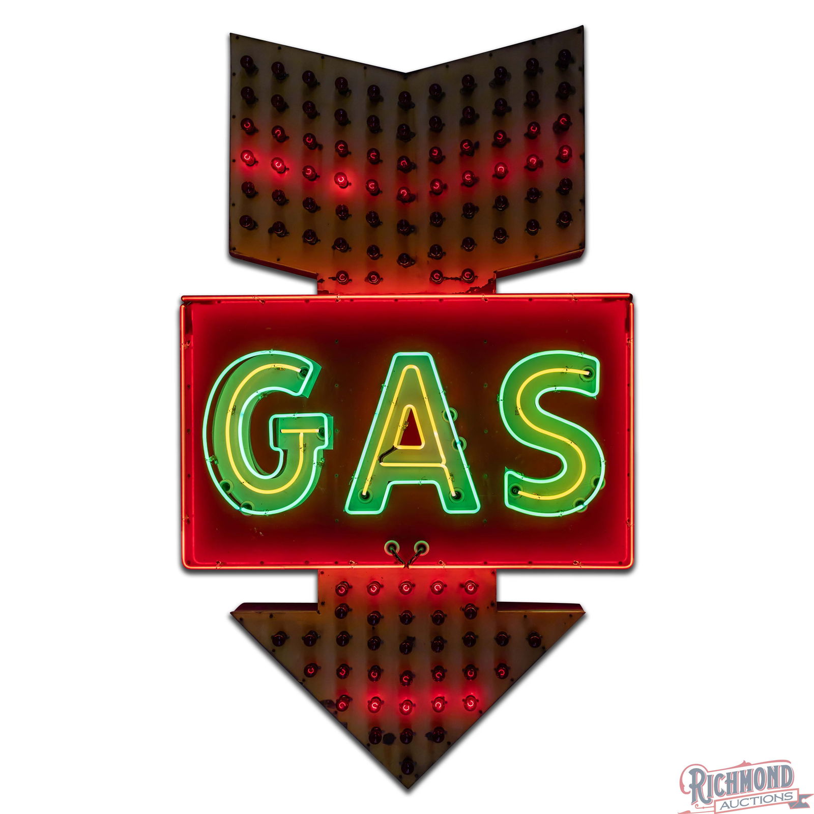 GAS Single Sided Porcelain Factory Neon Arrow Sign w/ Flashing Bulbs - 2