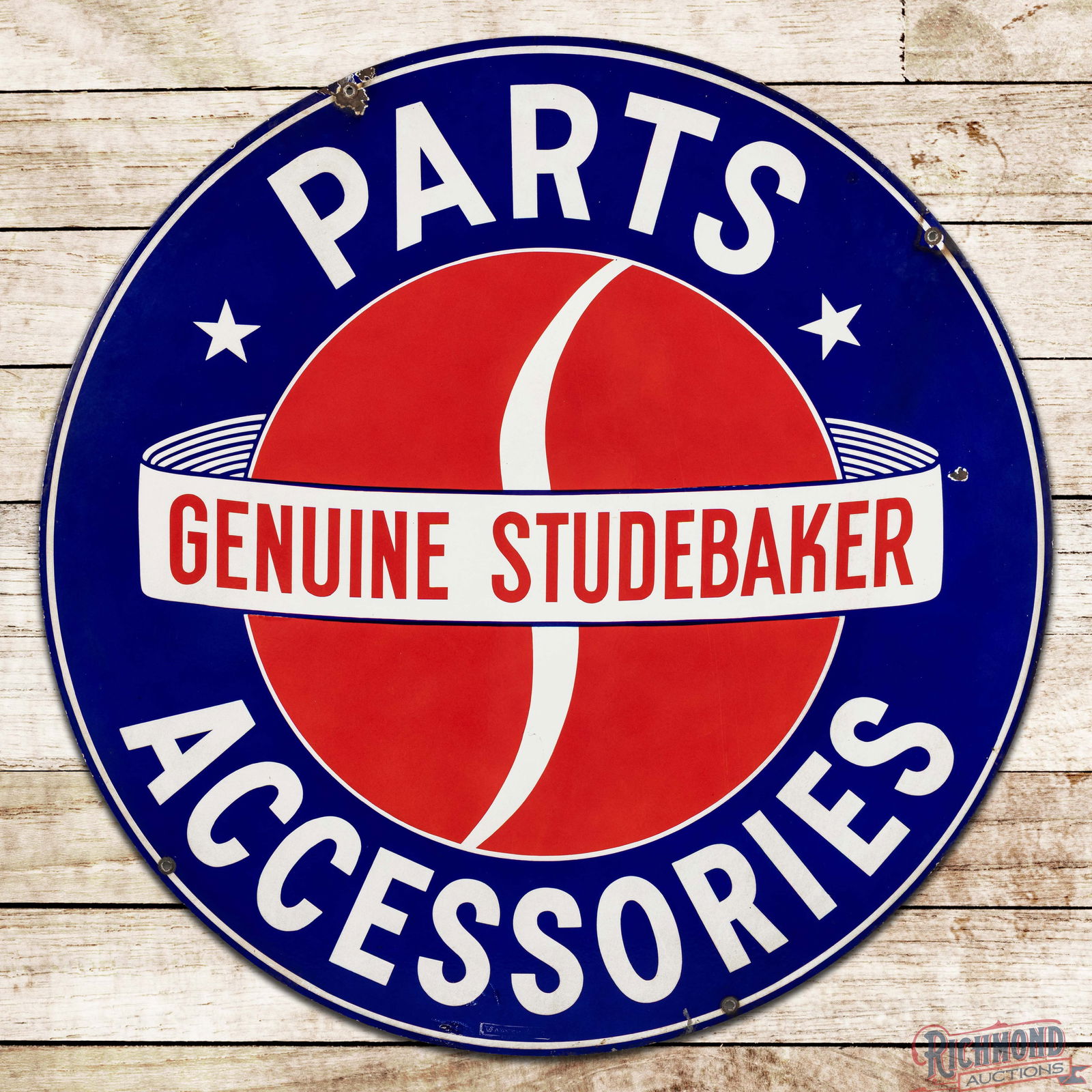 Scarce Genuine Studebaker Parts Accessories 42" Double Sided Porcelain Sign: DSP (Double Sided Porcelain) sign has excellent color and gloss. The display has a clean field with minor scuffs and a small chip in the outer left field. The perimeter has chips at the upper