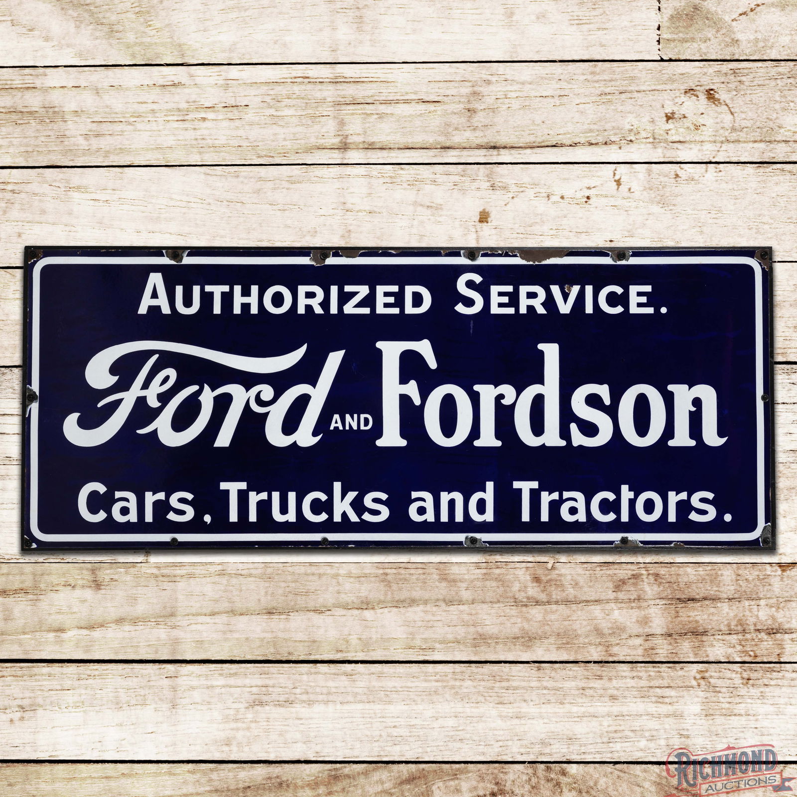 Ford and Fordson Authorized Service Cars Trucks and Tractors 5' Single Sided Porcelain Sign: SSP (Single Sided Porcelain) sign with added wood support frame has amazing color and gloss. The field is exceptionally clean with light surface imperfections. The outer fields have areas of slight