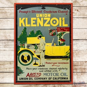 Scarce Klenzoil "Union Oil of California" Aristo Emb. SS Tin Sign w/ Service Station & Touring Car