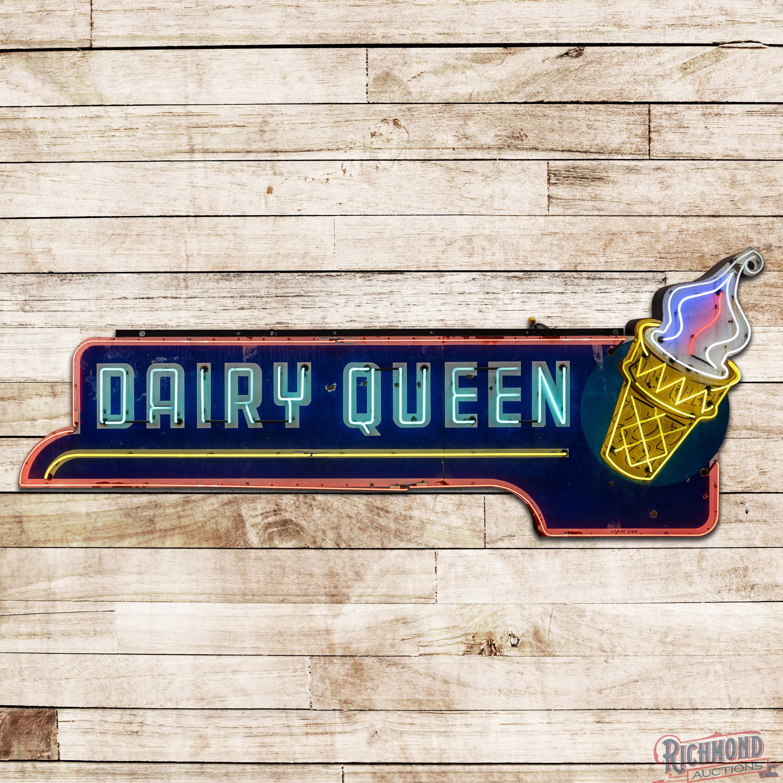 Dairy Queen 15' Factory Die Cut Neon Sign w/ Ice Cream Cone: SSP (Single Sided Porcelain) multi-piece factory neon sign with a metal can has good color. The sign displays very well with brilliant six-color neon. The field has areas of lower gloss with chips and