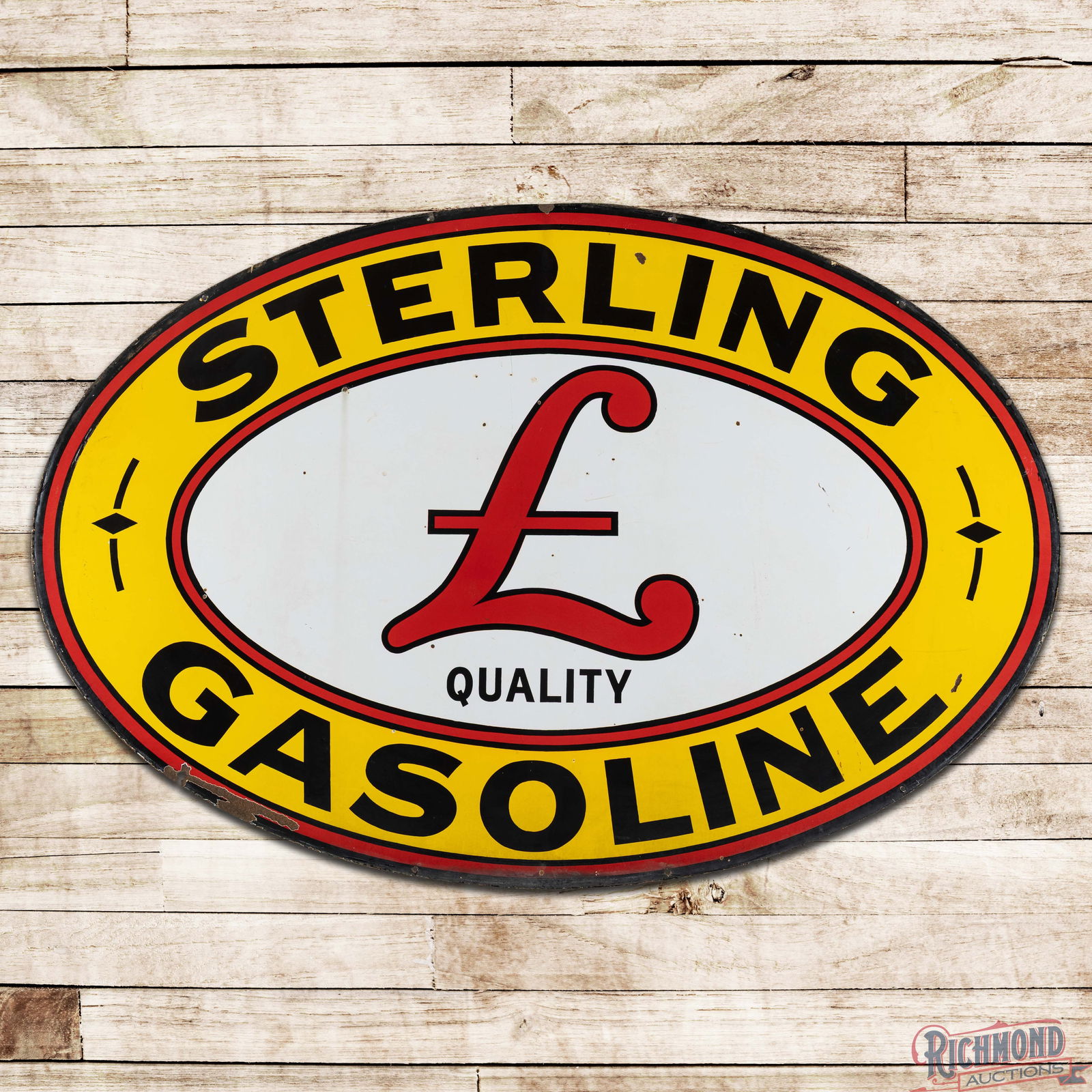 Sterling Quality "L" Gasoline Double Sided Porcelain ID Sign: DSP (Double Sided Porcelain) sign has excellent color and gloss. Side #1 has light wear with small chips and minor discoloration in the fields. The perimeter has a bend on the lower left edge with