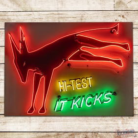Amazing Haffner's Hi-Test It Kicks Single Sided Porcelain Animated Neon Sign w/ "Kicking Donkey"