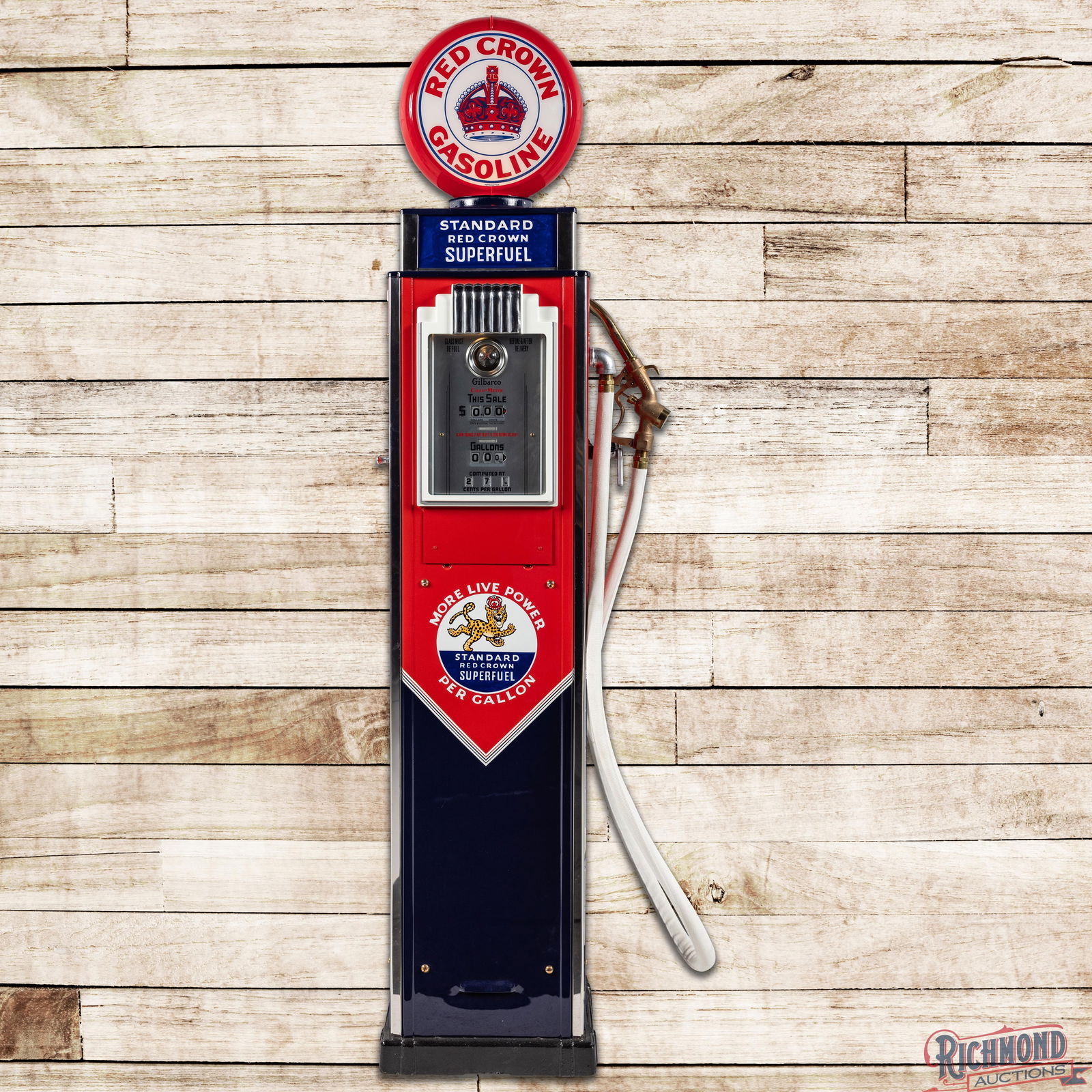 Gilbarco Calco-Meter Computing Gas Pump Restored Standard Red Crown: Gilbarco Calco-Meter computing gas pump has been professionally restored. The pump features glossy, vibrant red and blue paint with custom decals and pinstriping. The finish is exceptionally clean