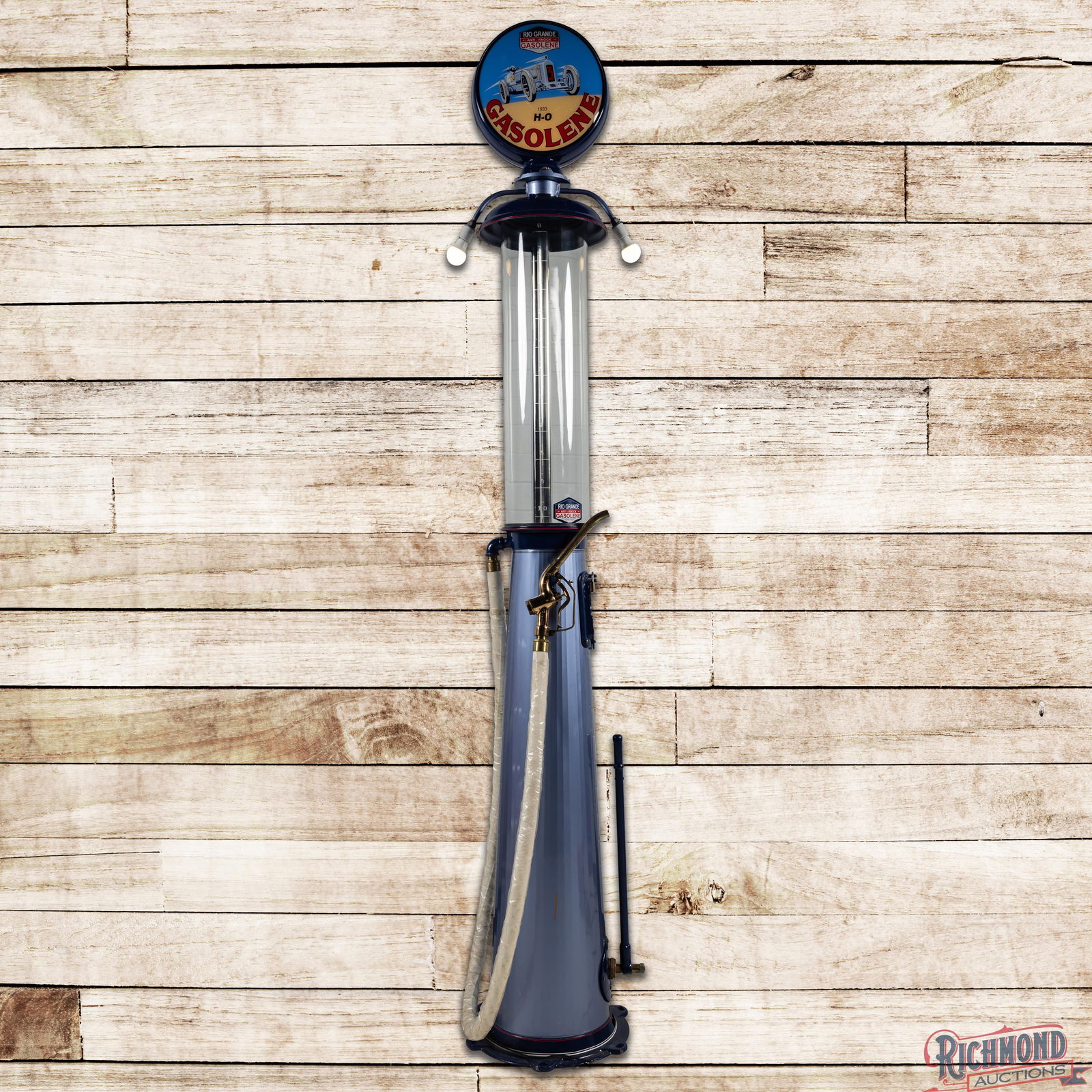 Ten Gallon Visible Gas Pump Restored Rio Grande Gasoline: Ten gallon visible gas pump has been professionally restored. The pump features bright paint with high gloss and custom pinstriping. The overall finish is clean with a gold paint drip along one side