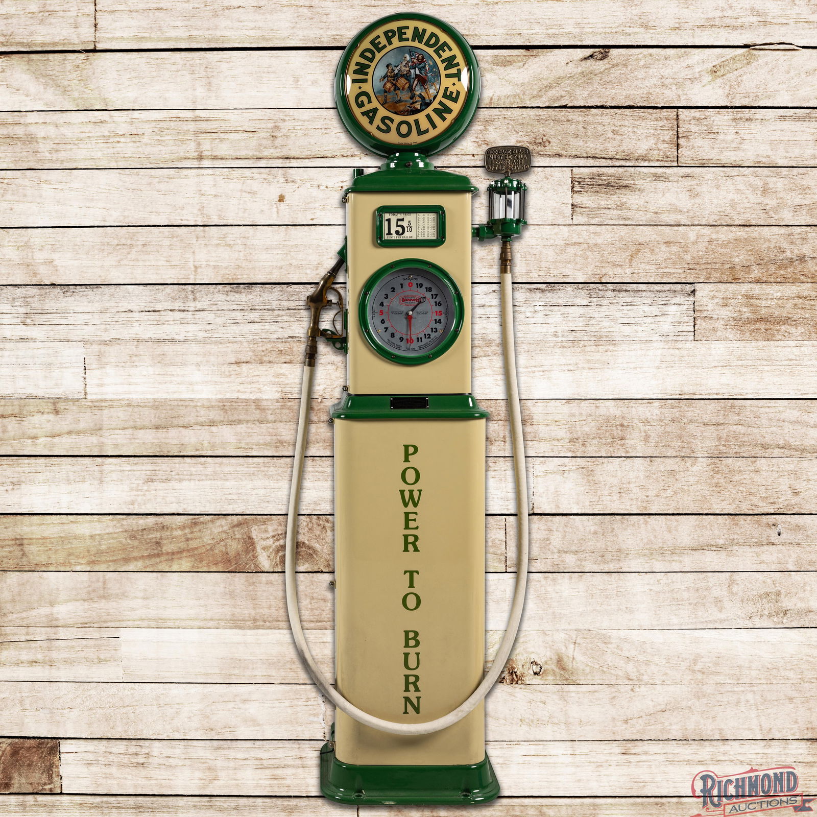 Bennett Model #150 Clockface Gas Pump Restored Independent Gasoline: Bennett Model #150 clockface gas pump has been professionally restored. The pump features vibrant paint with high gloss throughout. The pump includes Power to Burn decals on the doors, a cloth hose,