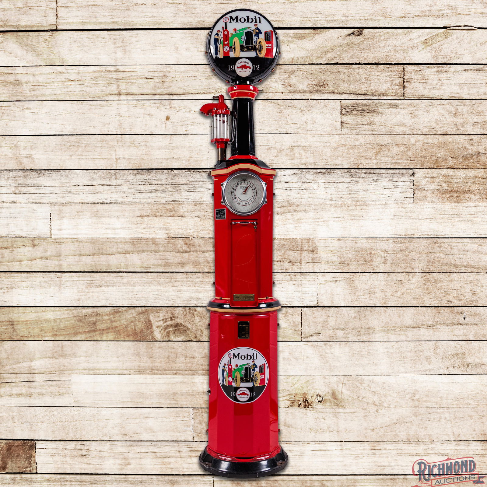 National Simplex Clockface Gas Pump Restored Mobil Gasoline: Outstanding professionally restored National Simplex clock face gas pump. The pump features Mobiloil Gasoline colors with vibrant, glossy paint. The painted surface is very clean overall with small