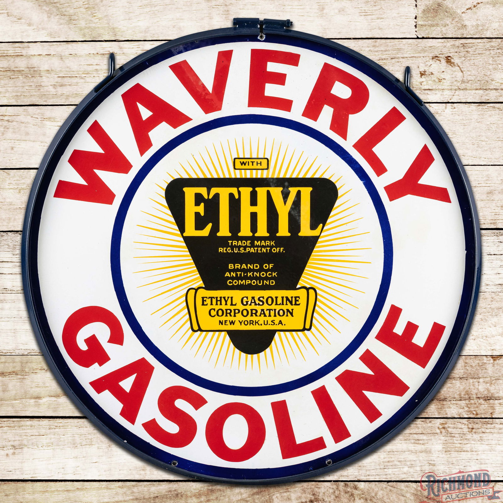 Waverly Ethyl Gasoline 30" Double Sided Porcelain Logo Sign w/ Ring: DSP (Double Sided Porcelain) sign with a metal ring has excellent color and gloss. The display has a clean field with small areas of cloudiness in the "Ethyl" logo and "Waverly" lettering. The
