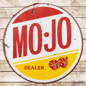 Rare Mojo Gasoline Dealer Double Sided Porcelain ID Sign w/ Ring & Dice