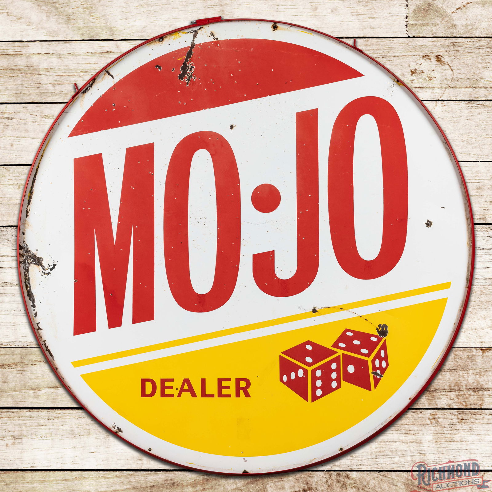Rare Mojo Gasoline Dealer Double Sided Porcelain ID Sign w/ Ring & Dice: Scarce DSP (Double Sided Porcelain) sign has good color and gloss. The Mojo brand was used in the Florida panhandle areas, as well as southern Georgia and Alabama. The stations were purchased by The