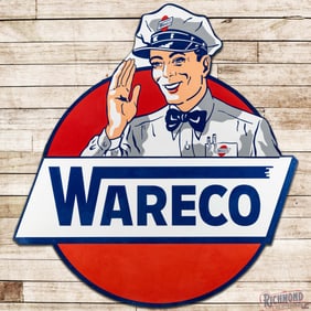 Impressive Wareco Gasoline Die Cut 8' Single Sided Tin Logo Sign w/ Attendant