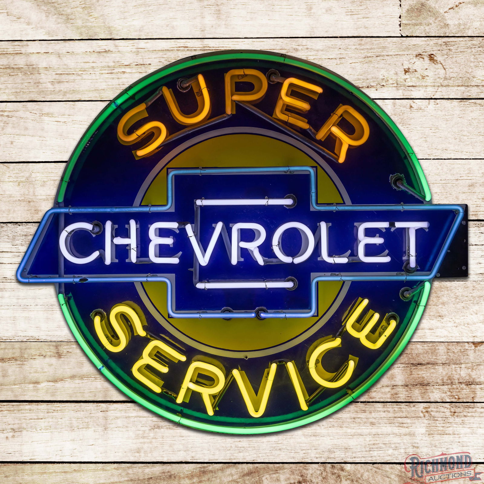 Chevrolet Super Service 42" Single Sided Porcelain Factory Neon Sign: SSP (Single Sided Porcelain) die cut factory neon sign with added neon lettering and a metal can has excellent color and gloss. The sign features vibrant four-color neon with a large Chevrolet bowtie