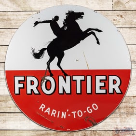 Frontier Gasoline "Rarin' To Go" 6' Single Sided Porcelain ID Sign w/ Horse & Rider