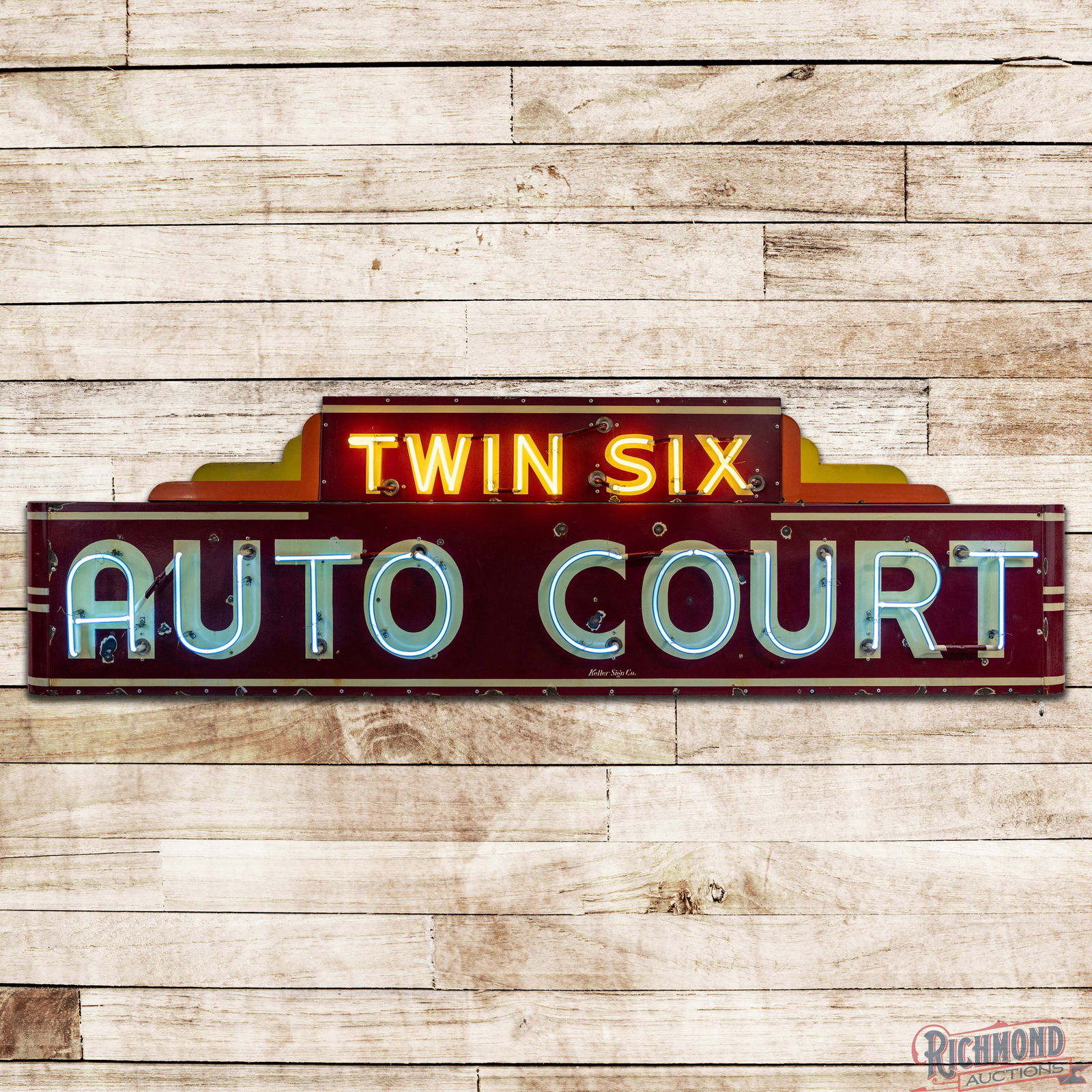 Twin Six Auto Court Single Sided Porcelain Factory Neon Sign ROUTE 66: Historically significant SSP (Single Sided Porcelain) factory neon sign with the original metal can has very good color and gloss. The sign was originally displayed on Route 66 at the Twin Six Auto Co