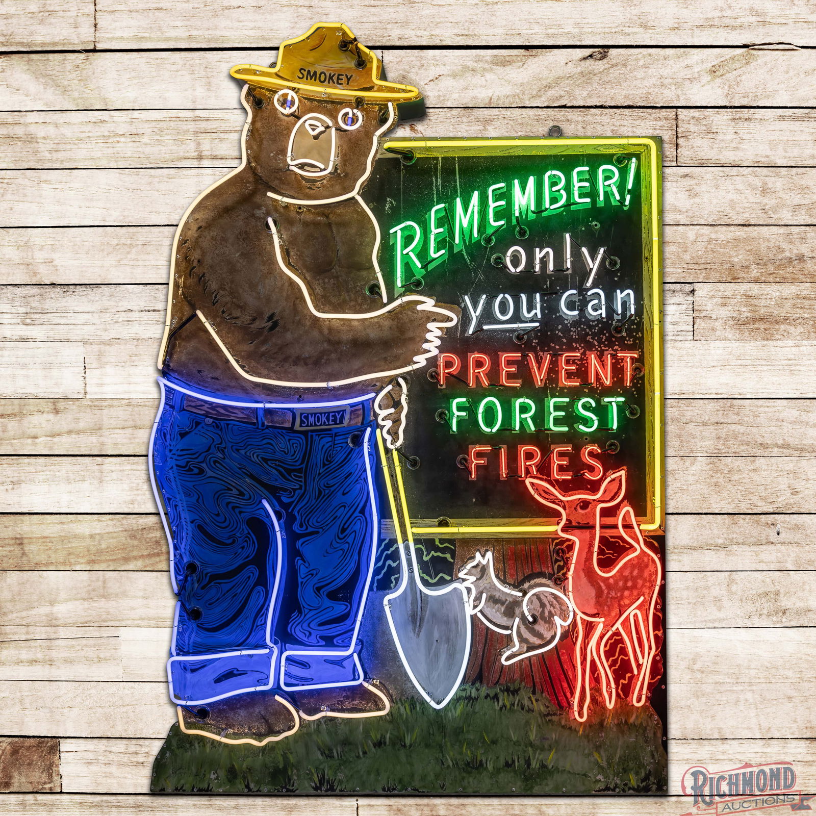 Smokey the Bear "Only You Can Prevent Forest Fires" 7.5' Single Sided Tin Neon Sign: Single sided metal die cut sign with added neon and a new metal can has good color and shine. The sign features brilliant five-color neon with a large detailed graphic of Smokey the Bear. The sign
