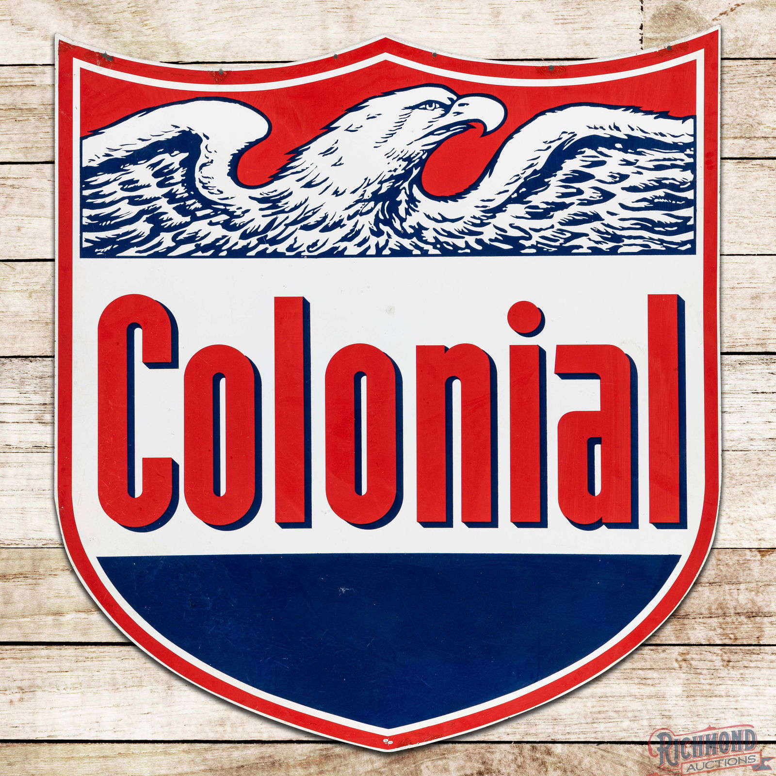 1958 Colonial Gasoline Die Cut 6' Double Sided Porcelain ID Sign w/ Eagle: DSP (Double Sided Porcelain) die cut sign has excellent color and gloss. Side #1 has light surface wear with small chips and areas of color match in the fields. The perimeter has minor metal loss at