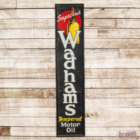 Scarce Wadhams Tempered Motor Oil 7' Single Sided Tin Smaltz Sign w/ Oil Bottle Logo