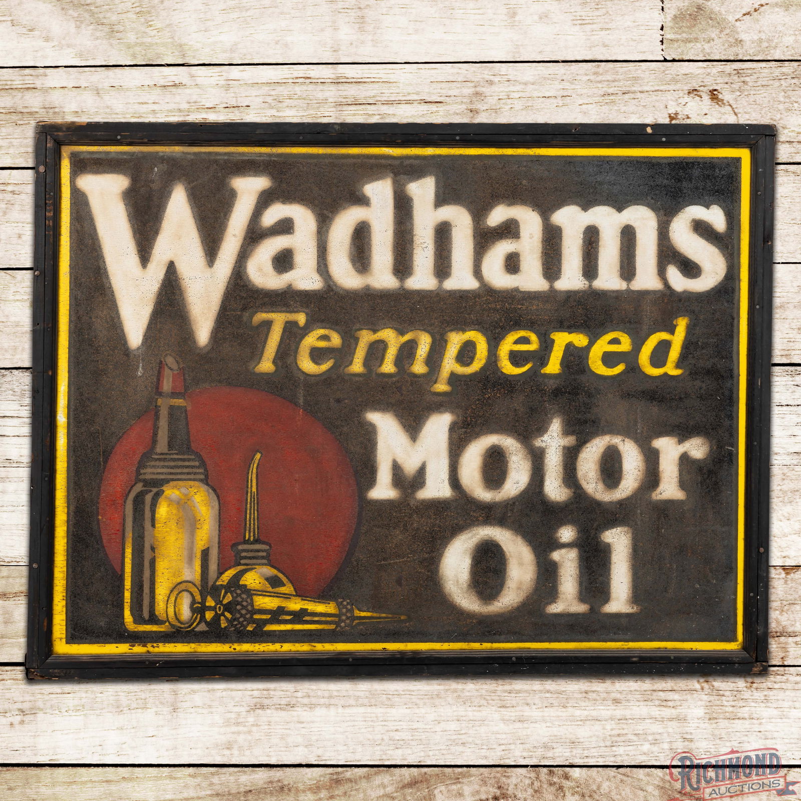 Wadhams Tempered Motor Oil 4' Double Sided Tin Smaltz Sign w/ Logo: DST (Double Sided Tin) smaltz painted sign features two SST (Single Sided Tin) signs mounted back to back in the original wooden frame. Side #1 presents with excellent even patina throughout with
