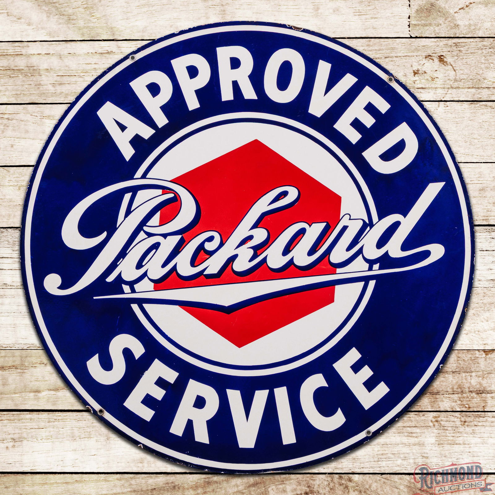 Exceptional Packard Approved Service 42" Double Sided Porcelain Sign: Impressive DSP (Double Sided Porcelain) sign has outstanding color and gloss. Side #1 has an exceptionally clean field with minor surface imperfections in the outer fields. The perimeter has a chip