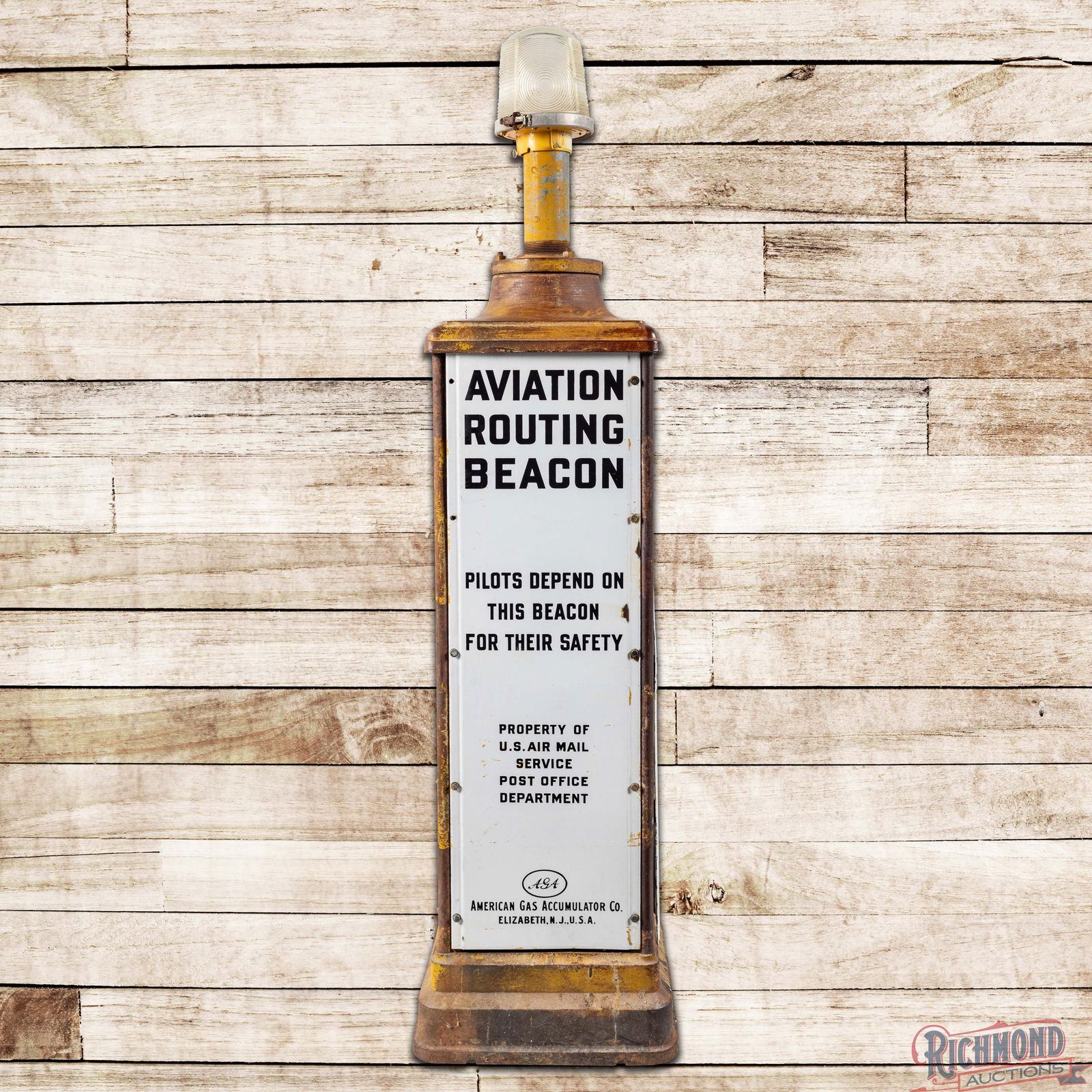 Rare AGA Lighthouse Aviation Airport Routing Beacon Display: Scarce airport Aviation Routing Beacon manufactured by the American Gas Accumulator Co. (AGA) of Elizabeth, New Jersey. The lighthouse beacon consists of four SSP (Single Sided Porcelain) signs with