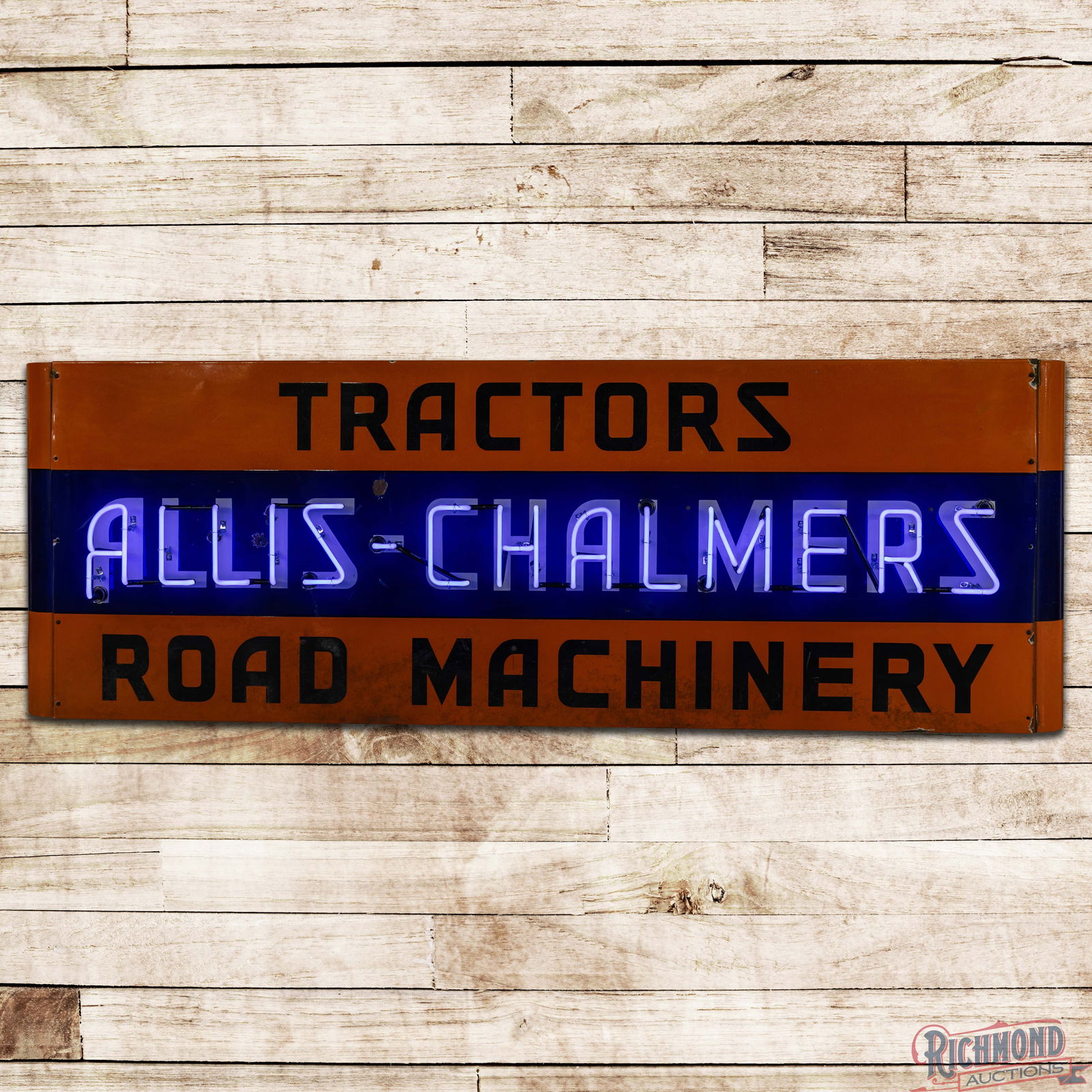Rare Allis Chalmers Tractors Road Machinery 8' Factory Single Sided Porcelain Neon Sign: SSP (Single Sided Porcelain) factory neon sign with the original metal can and bullnoses has excellent color and gloss. The field has light wear with a non-factory hole in the "H" and chips in the lef
