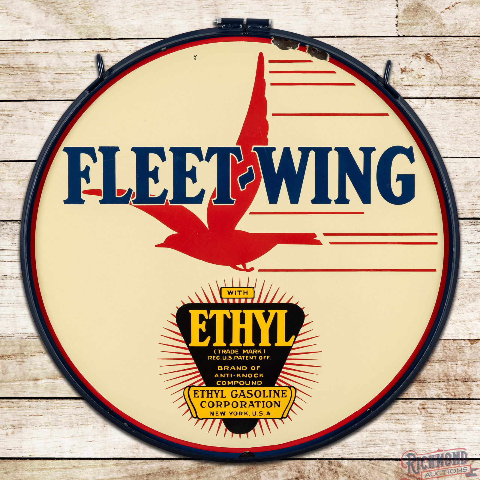Amazing Fleet-Wing Ethyl Gasoline w/ Large Bird & Red Ethyl Burst: Outstanding DSP (Double Sided Porcelain) sign with a metal hanging ring has excellent color and gloss. The sign features a large bird graphic in the field with a red Ethyl Burst logo in the lower