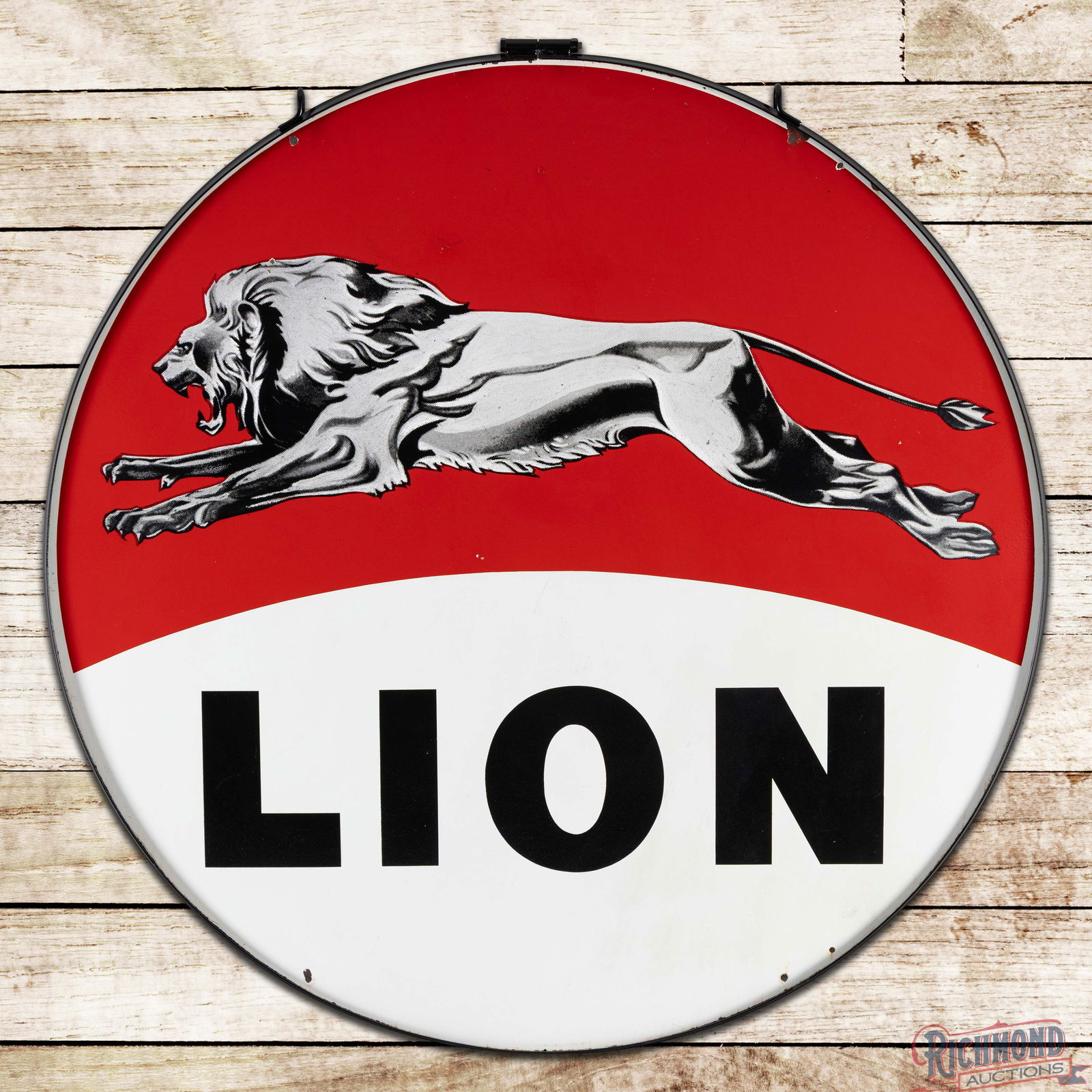Lion Gasoline 5' Double Sided Porcelain ID Sign w/ Ring "Leaping Lion": DSP (Double Sided Porcelain) sign with a metal ring has outstanding color and gloss. Side #1 is very clean overall with minor surface imperfections, small flakes in the field and two tiny chips along