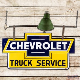 Rare Chevrolet Truck Service Die Cut 4' Double Sided Porcelain Sign w/ Lighted Hanger & Bowtie