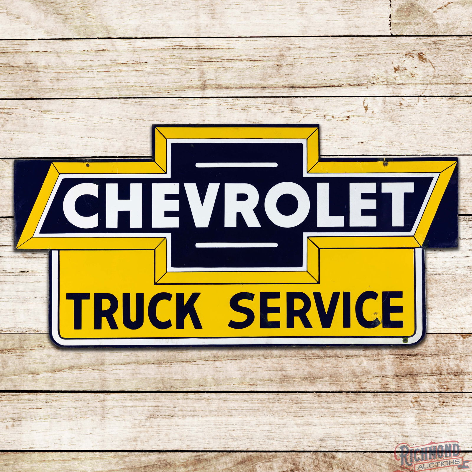 Rare Chevrolet Truck Service Die Cut 4' Double Sided Porcelain Sign w/ Lighted Hanger & Bowtie: DSP (Double Sided Porcelain) die cut sign has very good color and gloss. The display has fine scratches and surface wear in the fields. The sign exhibits color-matched chips on the upper edge of the