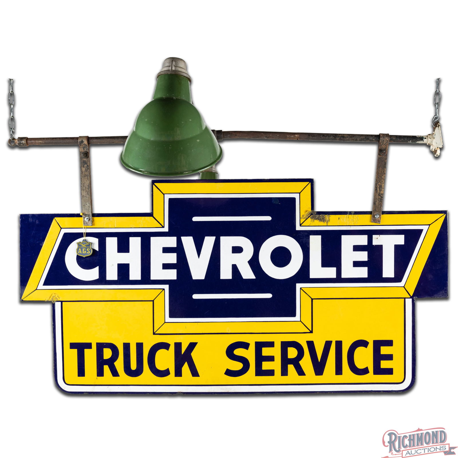 Rare Chevrolet Truck Service Die Cut 4' Double Sided Porcelain Sign w/ Lighted Hanger & Bowtie - 3