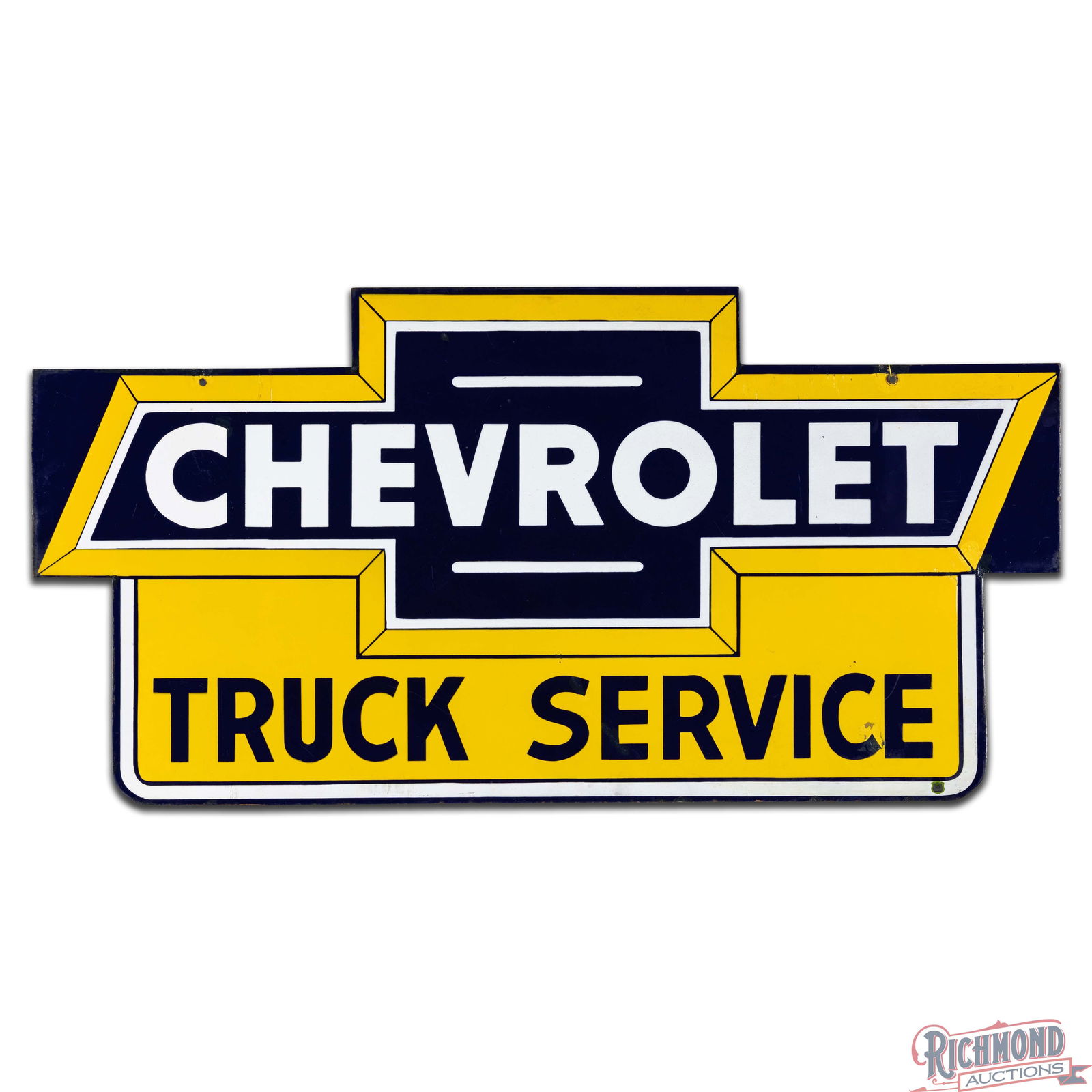 Rare Chevrolet Truck Service Die Cut 4' Double Sided Porcelain Sign w/ Lighted Hanger & Bowtie - 4