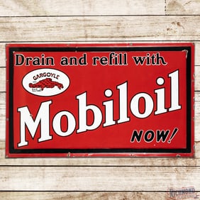 Amazing Drain and Refill with Gargoyle Mobiloil 5' Single Sided Porcelain Sign w/ Logo