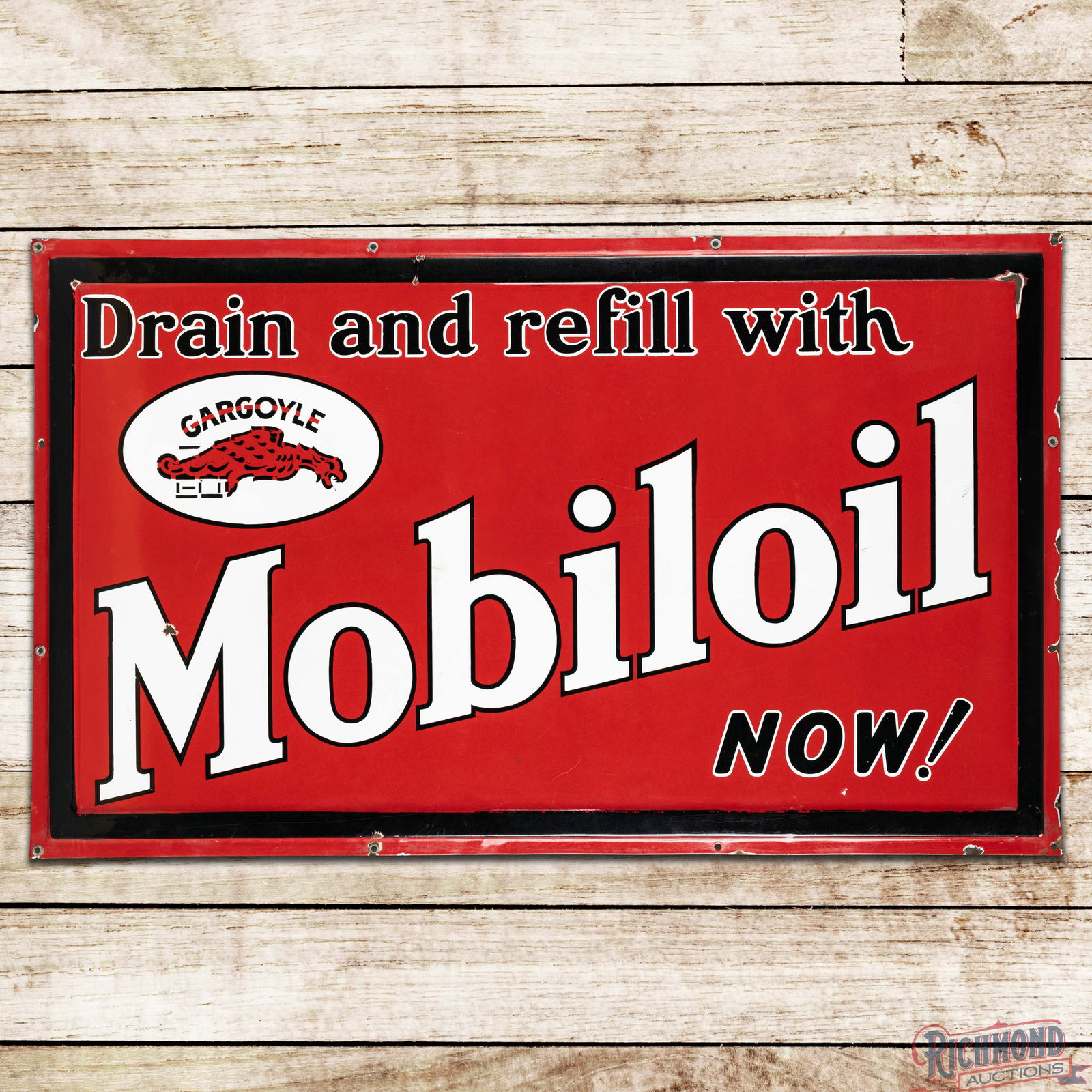 Amazing Drain and Refill with Gargoyle Mobiloil 5' Single Sided Porcelain Sign w/ Logo: SSP (Single Sided Porcelain) self-framed sign has outstanding color and gloss. The field is exceptionally clean with a bruise in the "B" and a chip in the "M" in the outer left field and minor