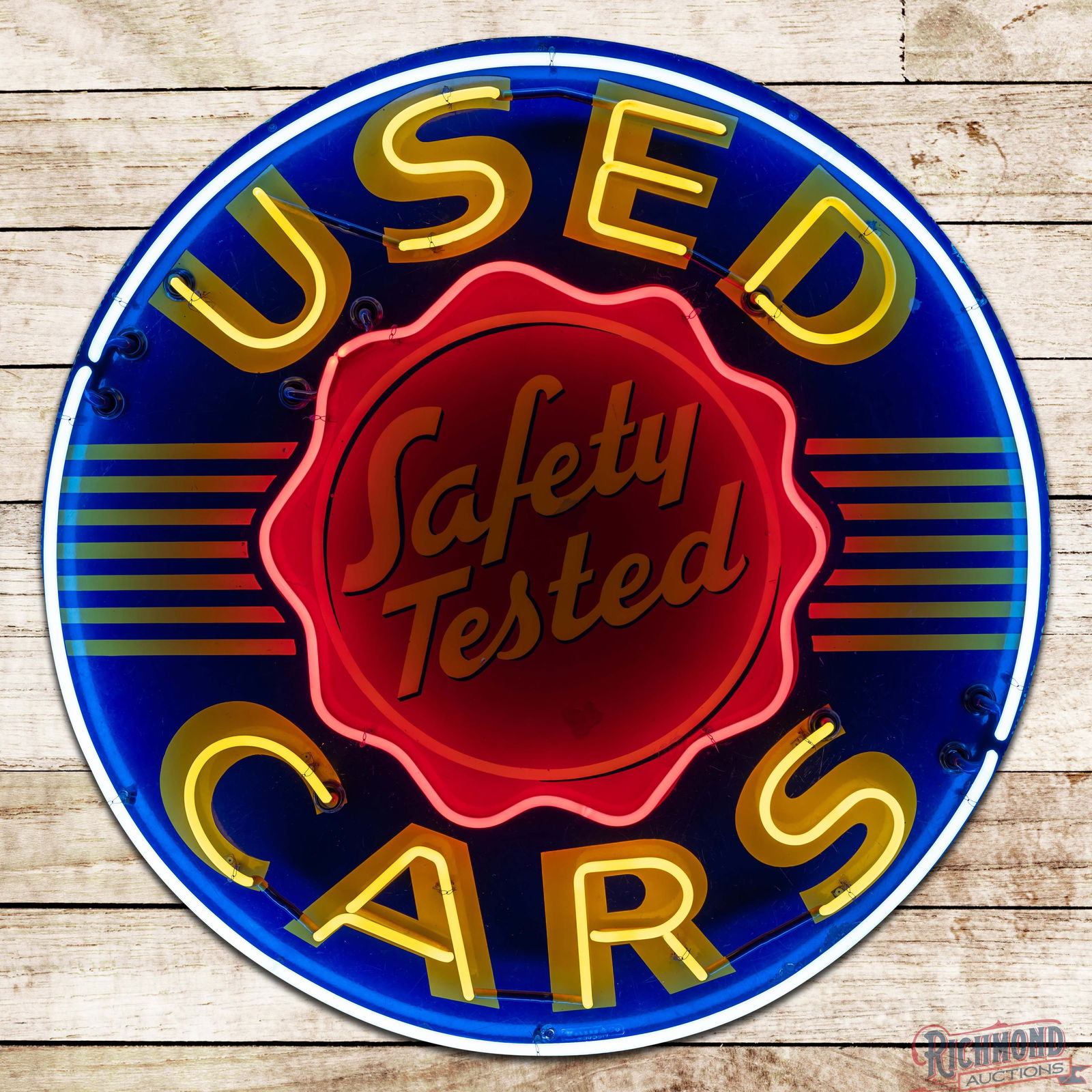 Oldsmobile Safety Tested Used Cars 48" Single Sided Porcelain Neon Sign w/ Logo: SSP (Single Sided Porcelain) sign with added neon and a new metal can has good color and gloss. The field has chips with three areas of color match in the logo. The outer fields and perimeter have fin