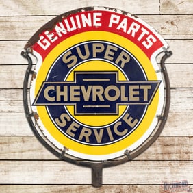 Rare Chevrolet Super Service Genuine Parts 5' Double Sided Tin Die Cut Sign w/ Frame