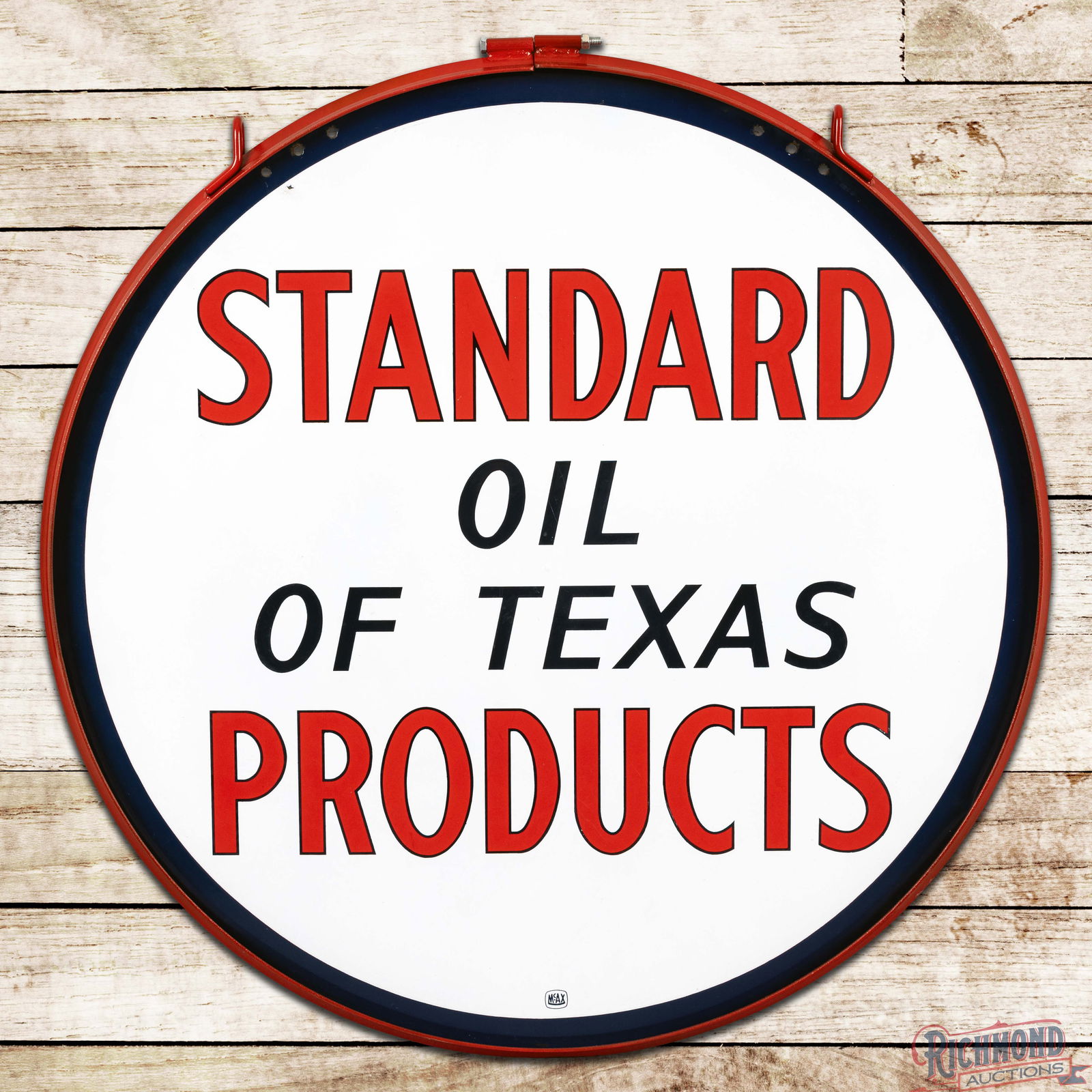 Standard Oil of Texas Products 33" Double Sided Porcelain Sign w/ Ring: DSP (Double Sided Porcelain) sign with metal ring has outstanding color and gloss. The display has a clean field with minor surface imperfections. The perimeter has a tiny chip near the blue outer