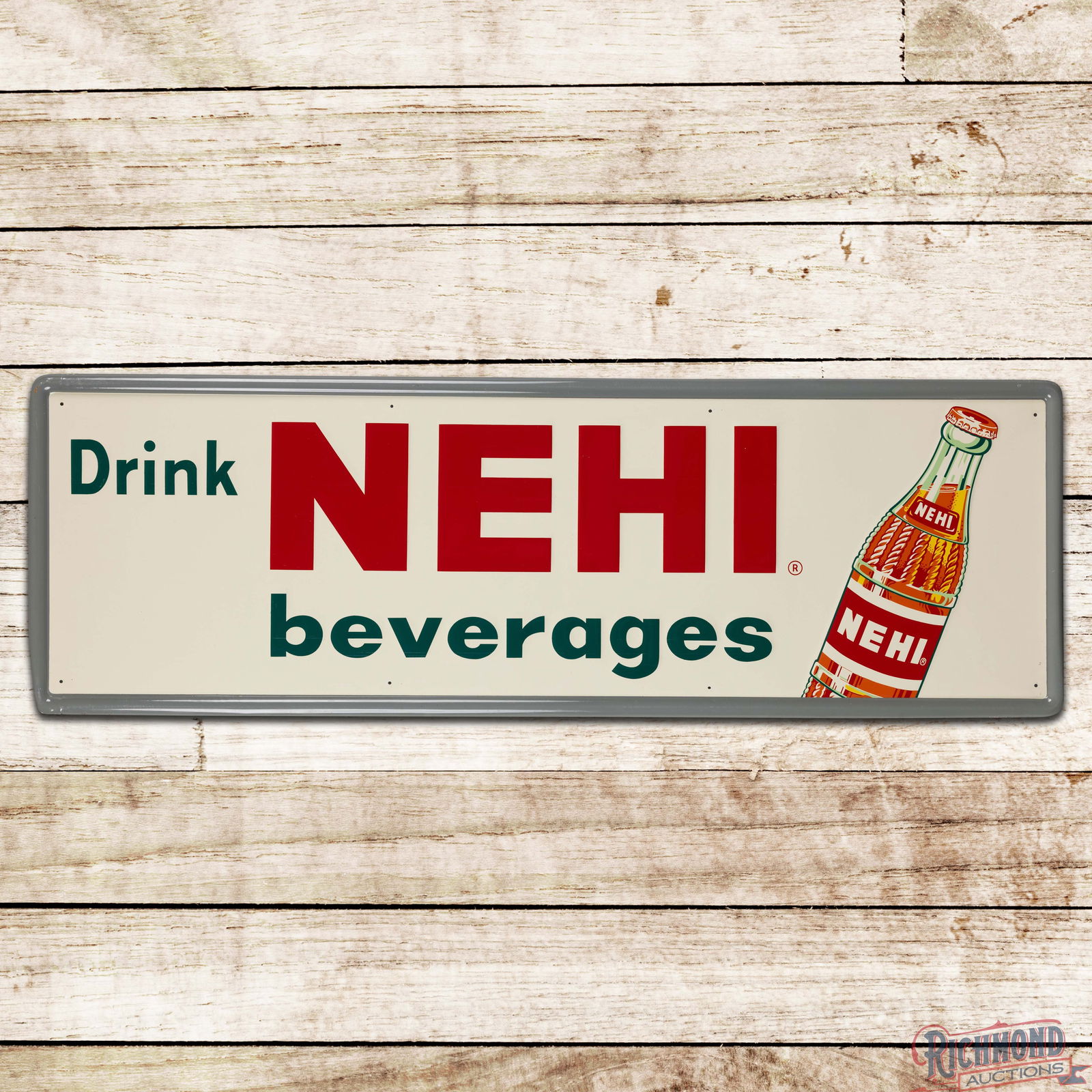 Drink Nehi Beverages Emb. Single Sided Tin Sign w/ Bottle: SST (Single Sided Tin) embossed self-framed sign has excellent color and shine. The field is very clean overall with light wear and horizontal fine scratches. The perimeter has light wear with paint