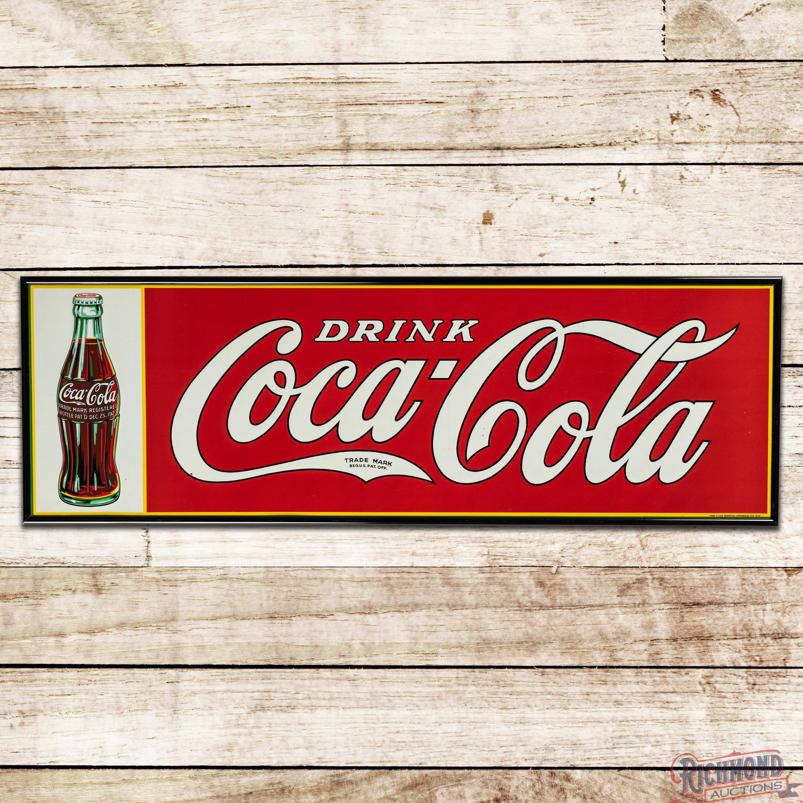 1933 Drink Coca Cola Emb. Single Sided Tin Sign w/ Christmas Bottle: SST (Single Sided Tin) embossed Coke sign with added metal frame has outstanding color and shine. The field is clean with a handful of tiny paint chips in the lettering. The perimeter and added metal