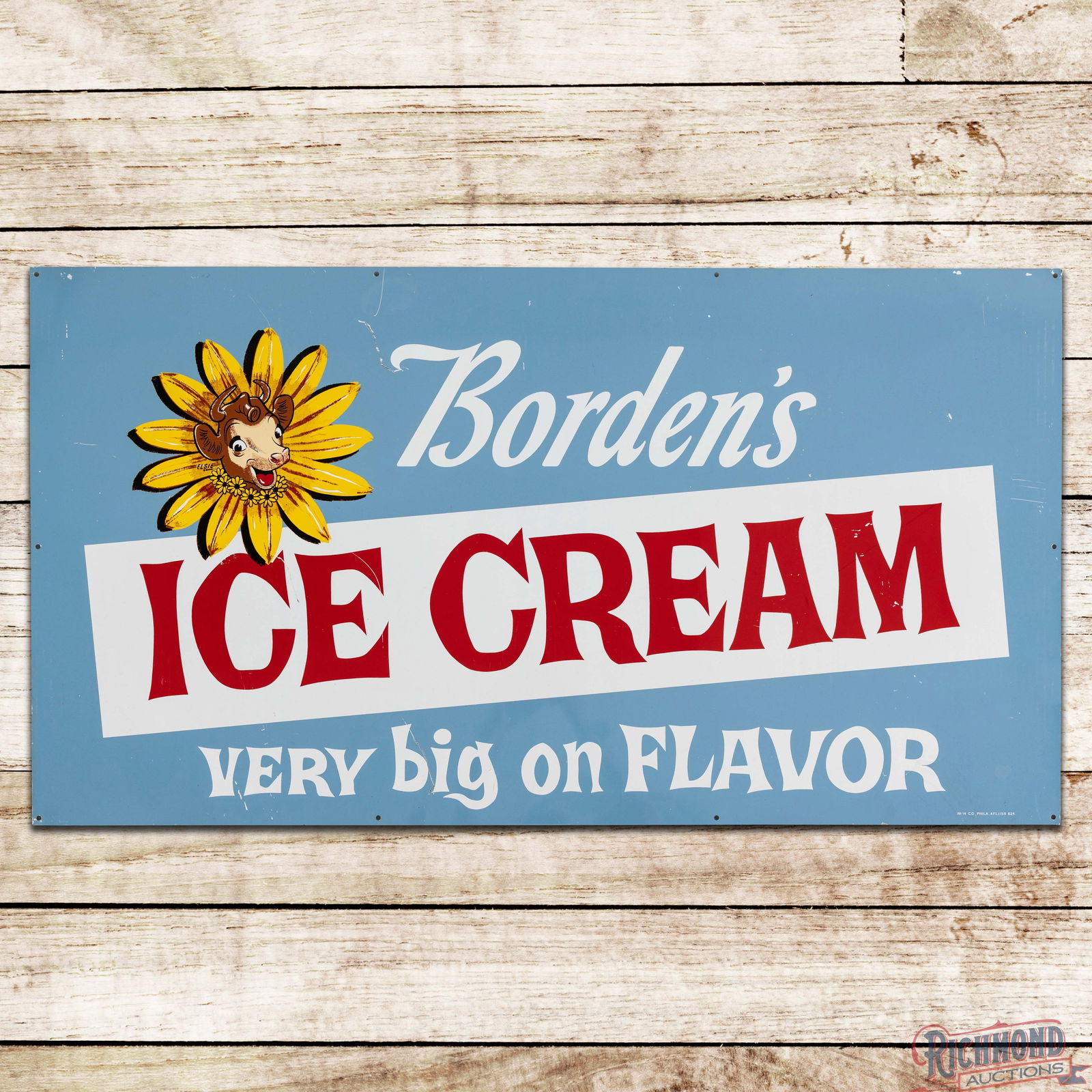 Borden's Ice Cream "Very Big on Flavor" Single Sided Tin Sign w/ Elsie: SST (Single Sided Tin) sign has excellent color and shine. The display has small scratches and scuffs in the lettering. The outer fields and perimeter have additional wear with minor corner bends.
