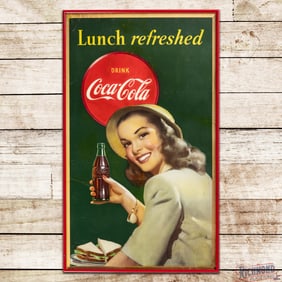 1948 Drink Coca Cola "Lunch Refreshed" Framed w/ Lady & Bottle