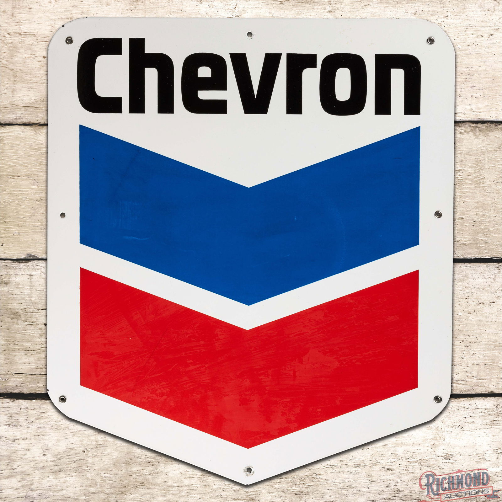 Excellent Chevron Gasoline 24" Single Sided Porcelain Sign w/ Hallmark Logo: SSP (Single Sided Porcelain) die cut sign has excellent color and gloss. The field is very clean overall with minor discoloration in the left field and a mark in the lower field. The perimeter has