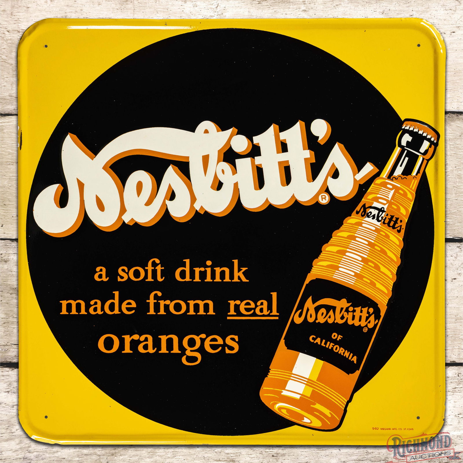 Fantastic Nesbitt's a Soft Drink Made from Real Oranges Emb. Single Sided Tin Sign w/ Bottle: SST (Single Sided Tin) embossed self-framed sign has excellent color and shine. The field is exceptionally clean with minor surface imperfections. The perimeter has light wear with paint chips to the