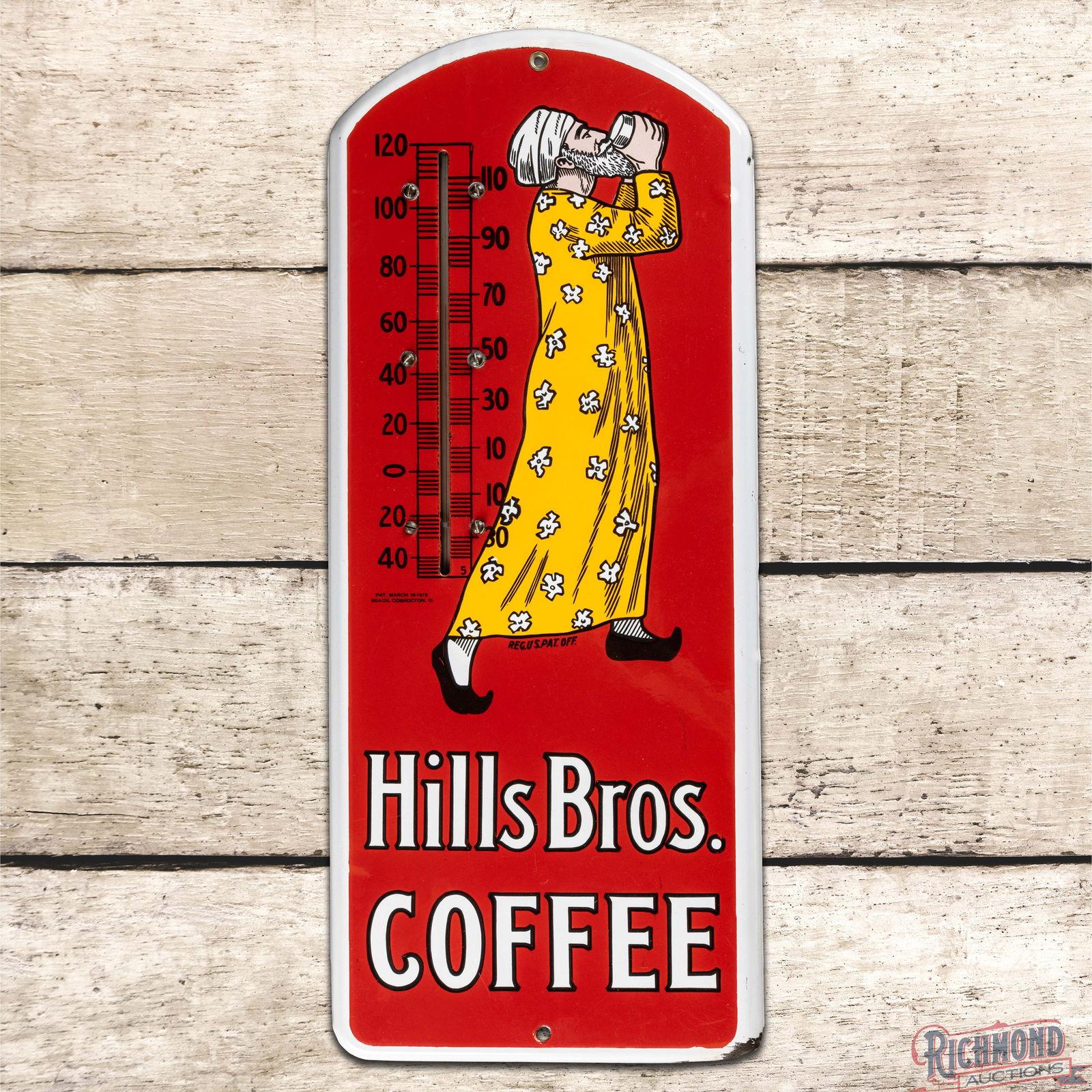 Excellent Hills Bros. Coffee Single Sided Porcelain Advertising Thermometer: SSP (Single Sided Porcelain) thermometer has outstanding color and gloss. The tube is present and works as it should. The display features a vibrant graphic of the Hills Bros. Coffee mascot, Taster.