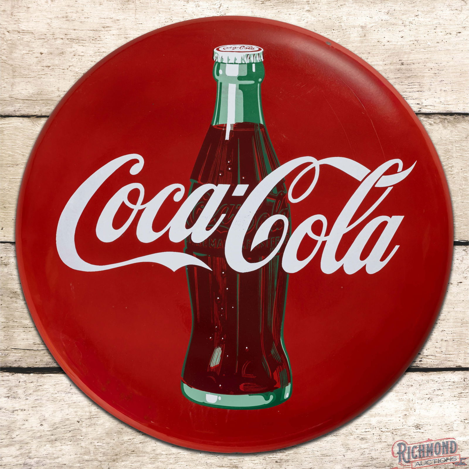 Coca Cola 24" Single Sided Porcelain Convex Button Sign w/ Bottle: SSP (Single Sided Porcelain) Coke button sign has excellent color and gloss. The field is clean with light surface wear in the outer fields. The perimeter has an eraser sized chip near 1 o'clock with