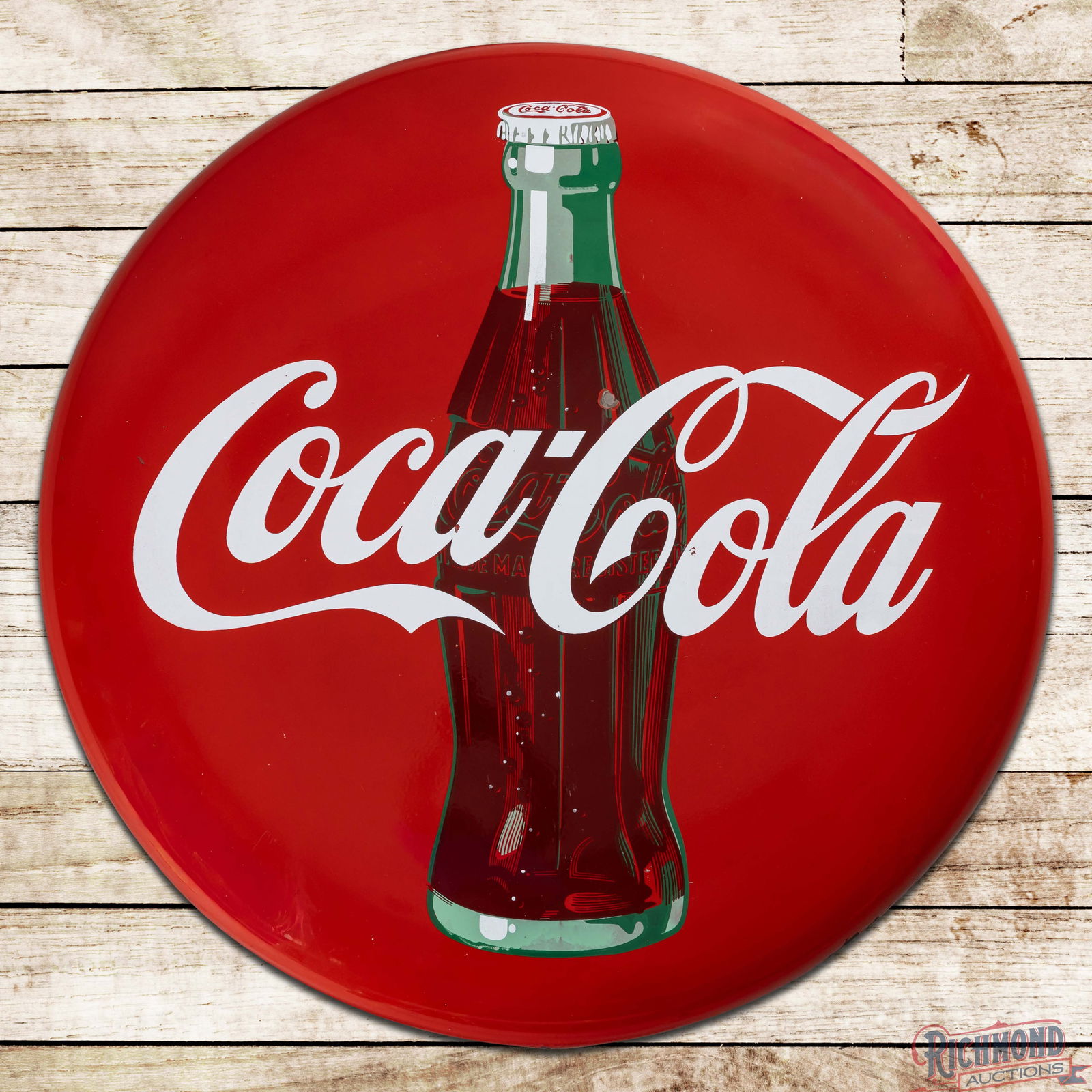 Coca Cola 36" Single Sided Porcelain Convex Button Sign w/ Bottle: SSP (Single Sided Porcelain) Coke button sign has excellent color rand gloss. The field has light surface wear with chips and factory imperfections in the bottle graphic. The perimeter has minor marks